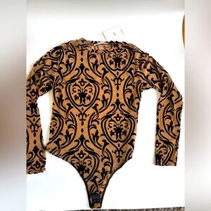 Brown Mesh Long Sleeve Black flowers  Pattern Bodysuit M/L
